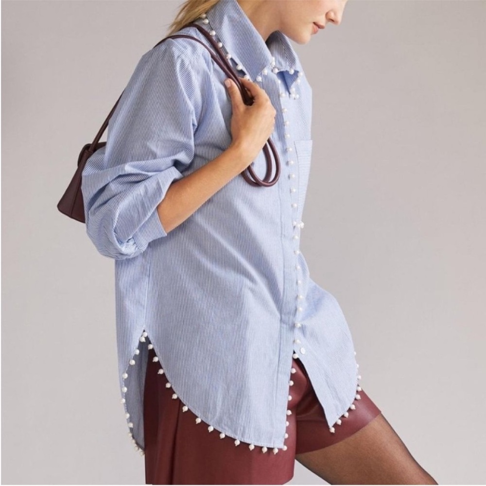 Anthropologie Hannah Lynn Embellished Buttondown Tunic Blue White Striped M